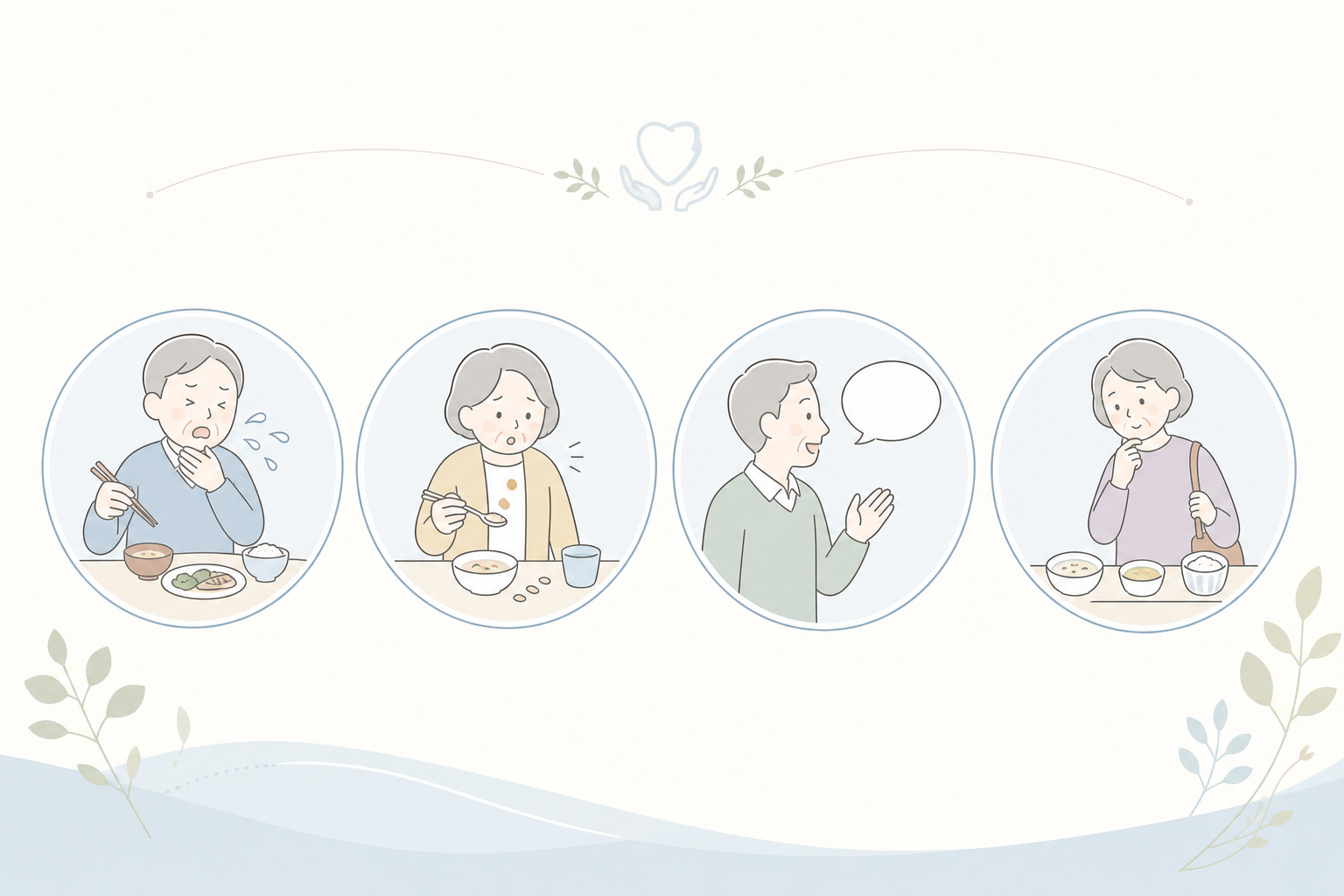 オーラルフレイルの主なサイン(むせる・食べこぼす・滑舌の低下・硬いものが食べにくい)を並べたインフォグラフィック